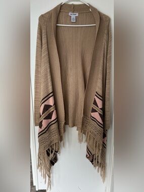 Say What? Boho Geometric Fringe Open Front Cardigan Sweater Tan Pink L